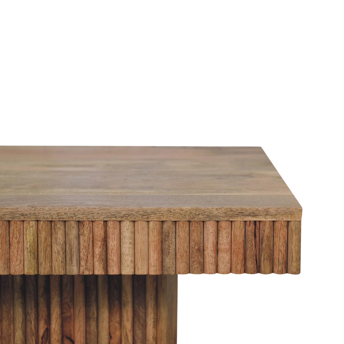 Close view of the top on the Trosa Block Coffee Table in Amber.