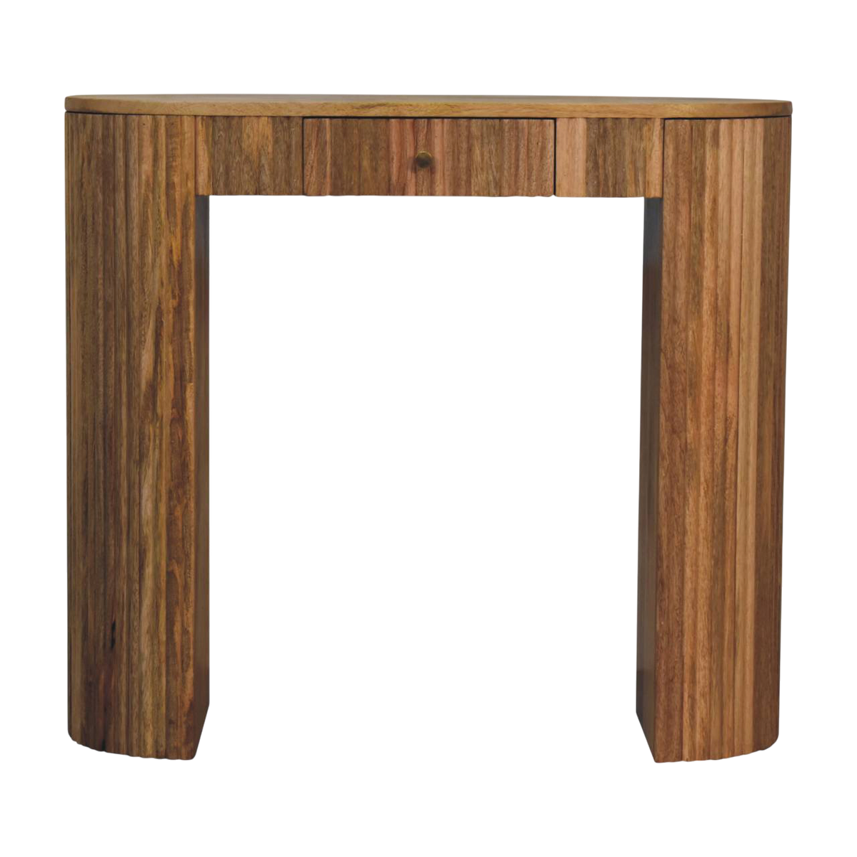 Trosa Block Console Table in Amber, front view. 100% solid hardwood in a natural amber finish, one compact drawer, four square block legs.