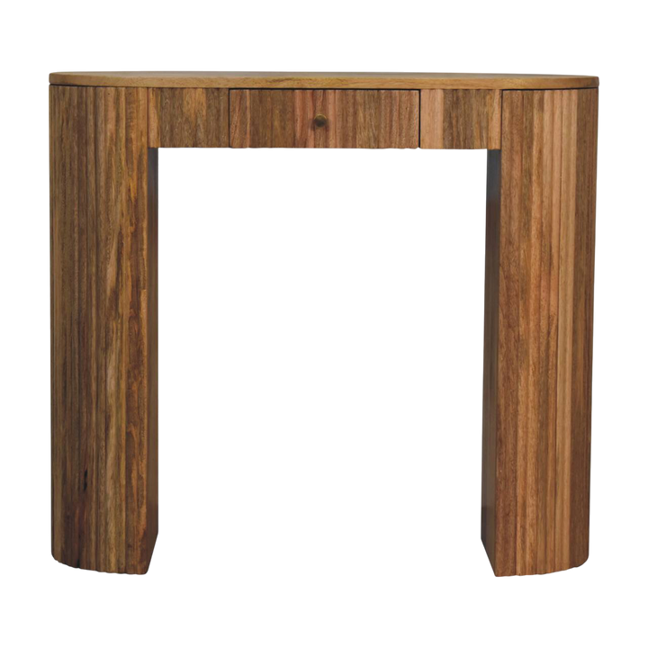 Trosa Block Console Table in Amber, front view. 100% solid hardwood in a natural amber finish, one compact drawer, four square block legs.