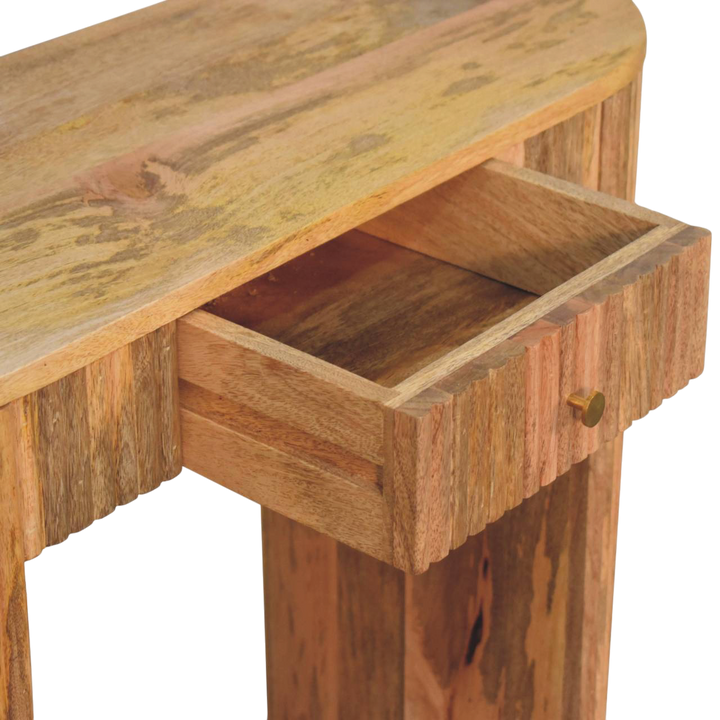 Trosa Block Console Table in Amber, shown with a drawer open.