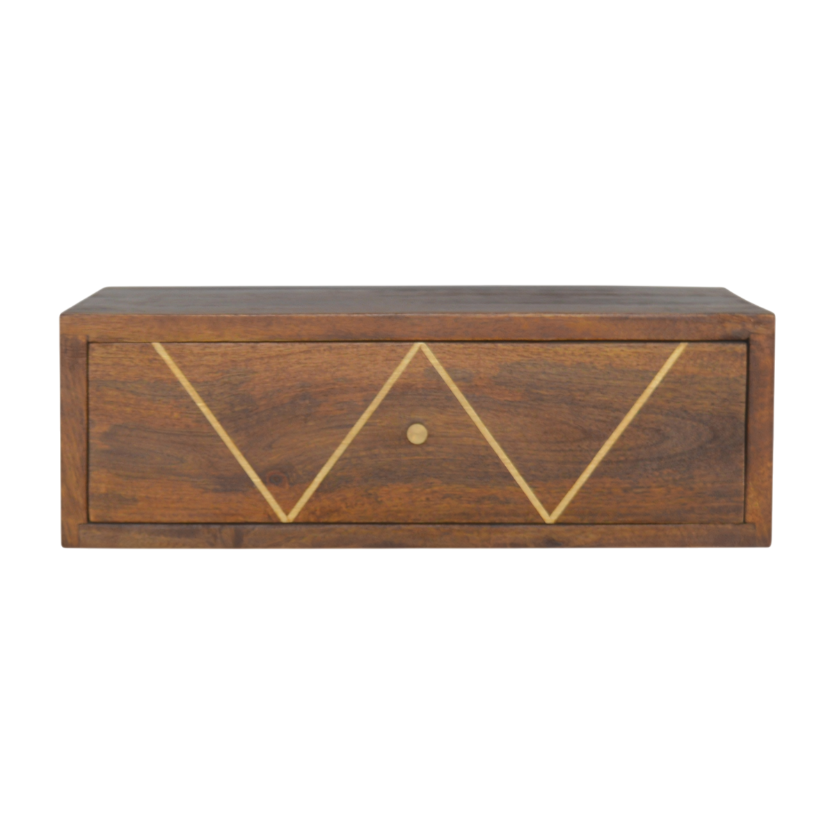 Trosa Floating Bedside Shelf in Chestnut, front view. Solid hardwood throughout, chestnut finish, wall-mounted.