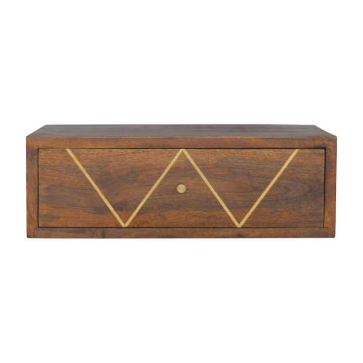 Trosa Floating Bedside Shelf in Chestnut, front view. Solid hardwood throughout, chestnut finish, wall-mounted.