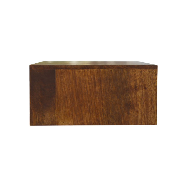 Trosa Floating Bedside Shelf in Chestnut, side view showing the depth.