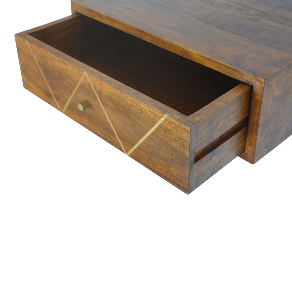 Trosa Floating Bedside Shelf in Chestnut, shown with a drawer open.