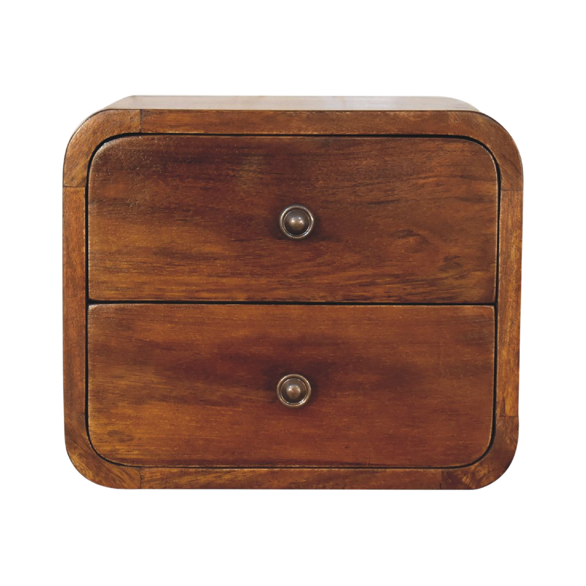 Trosa Floating Bedside Table in Chestnut, front view. Solid hardwood throughout, chestnut finish, rounded curved body.