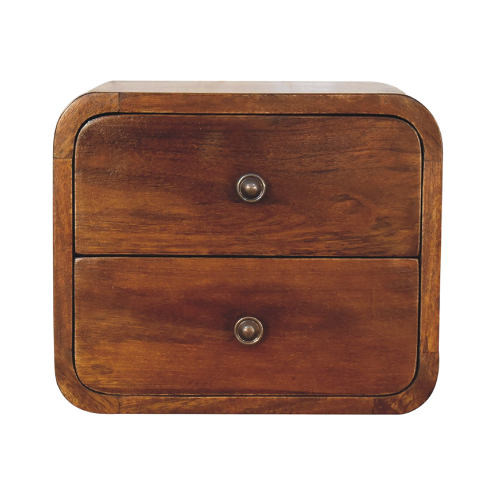 Trosa Floating Bedside Table in Chestnut, front view. Solid hardwood throughout, chestnut finish, rounded curved body.