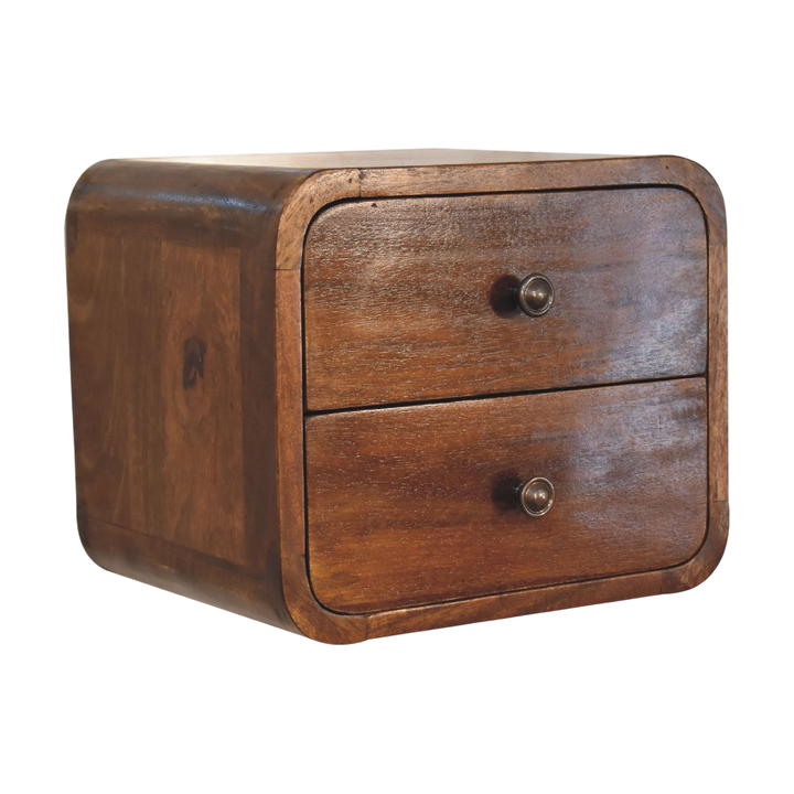 Trosa Floating Bedside Table in Chestnut, side view showing the depth.