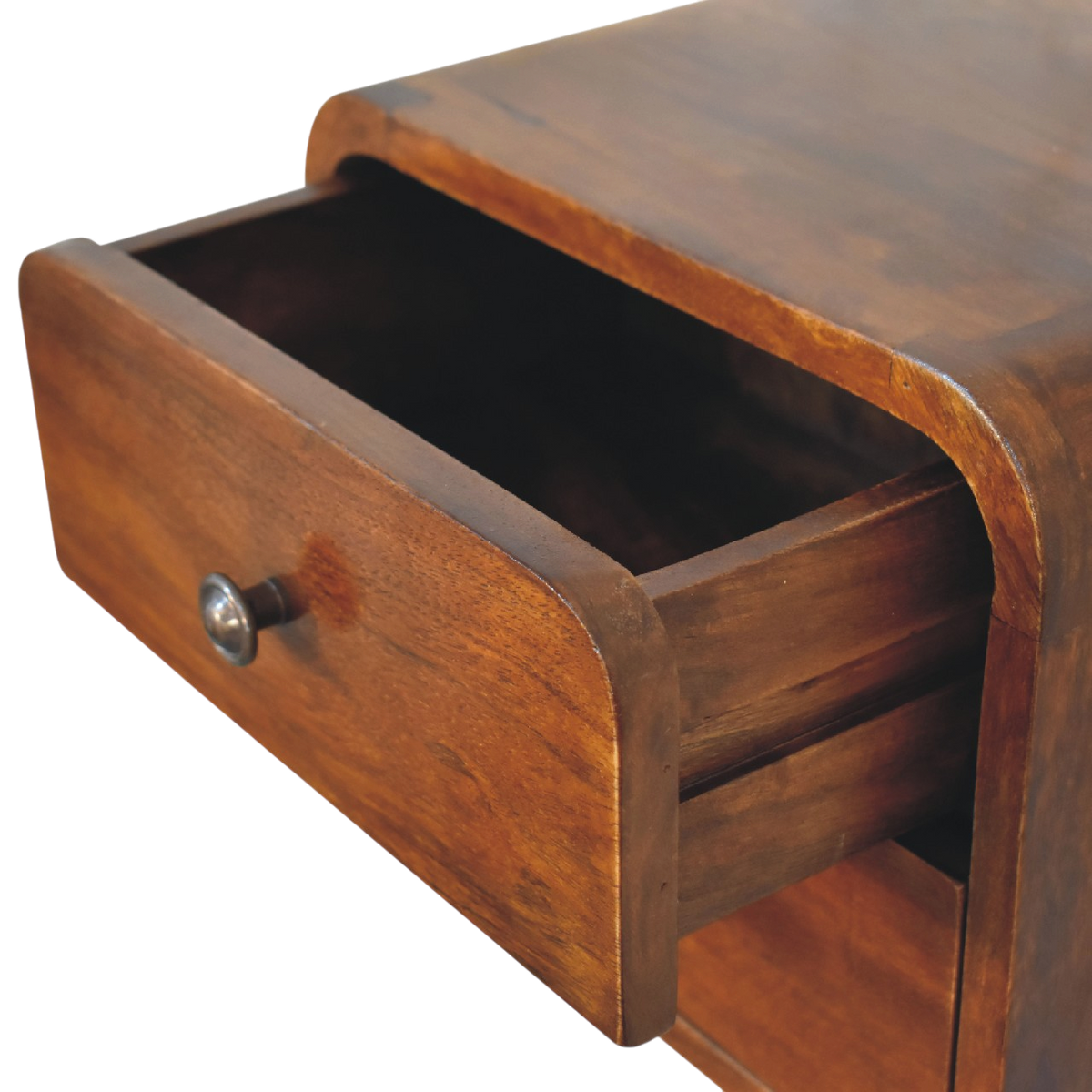 Trosa Floating Bedside Table in Chestnut, shown with a drawer open.