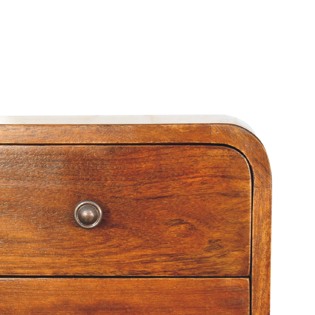 Close view of the brass hardware on the Trosa Floating Bedside Table in Chestnut.