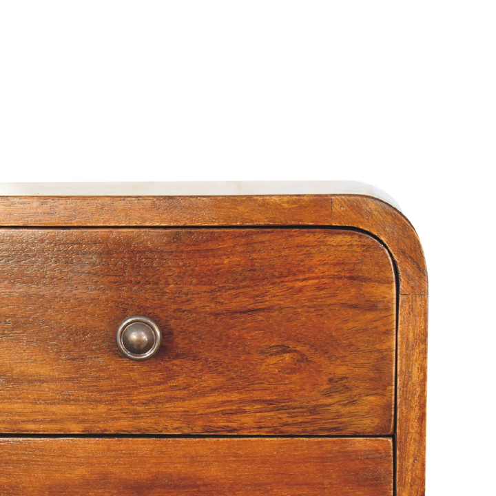 Close view of the brass hardware on the Trosa Floating Bedside Table in Chestnut.