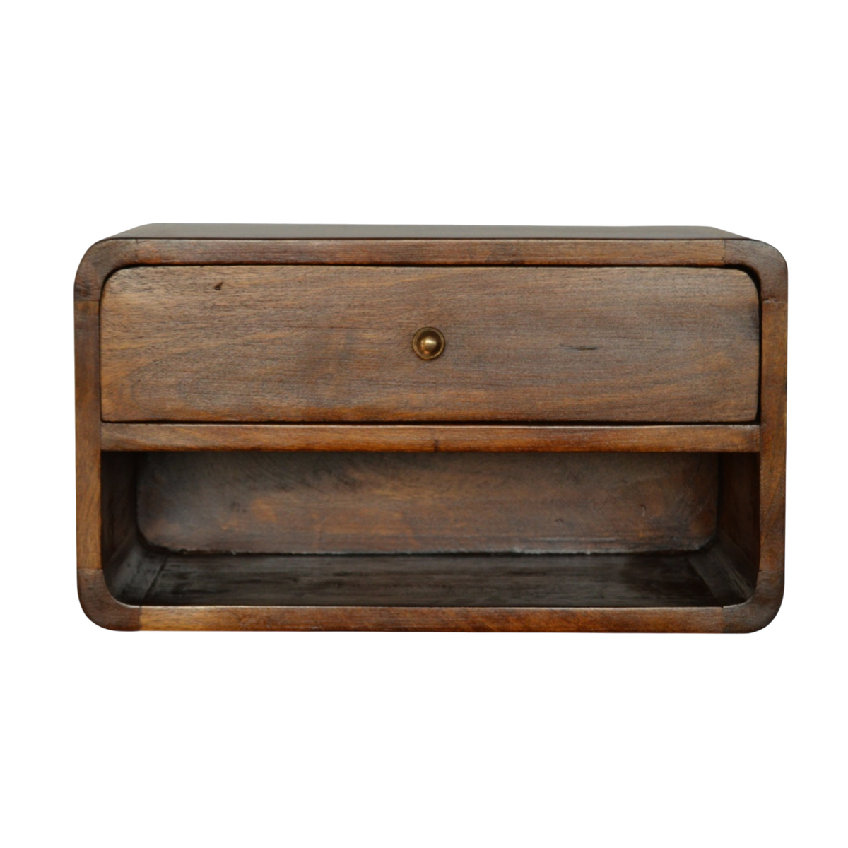Trosa Floating Bedside Table with Shelf in Chestnut, front view. Solid hardwood throughout, chestnut finish, wall-mounted.