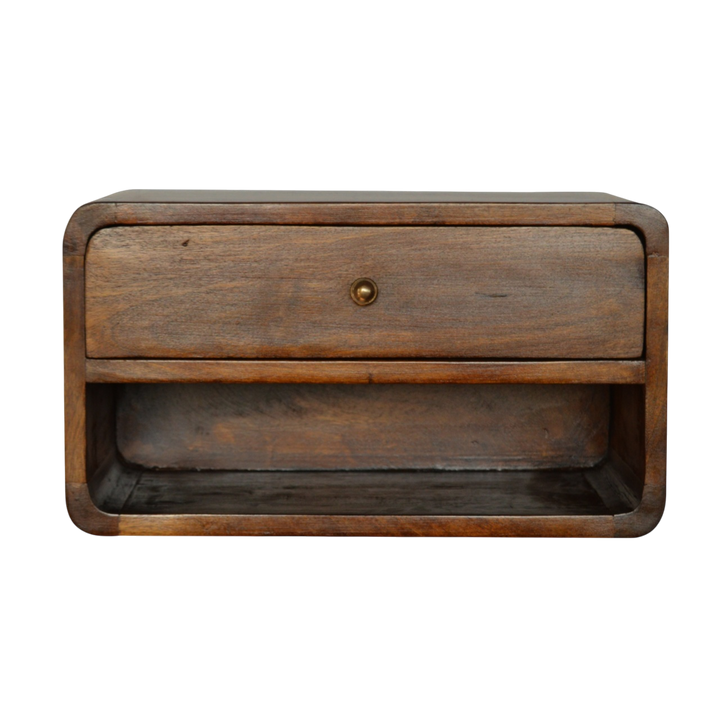 Trosa Floating Bedside Table with Shelf in Chestnut, front view. Solid hardwood throughout, chestnut finish, wall-mounted.