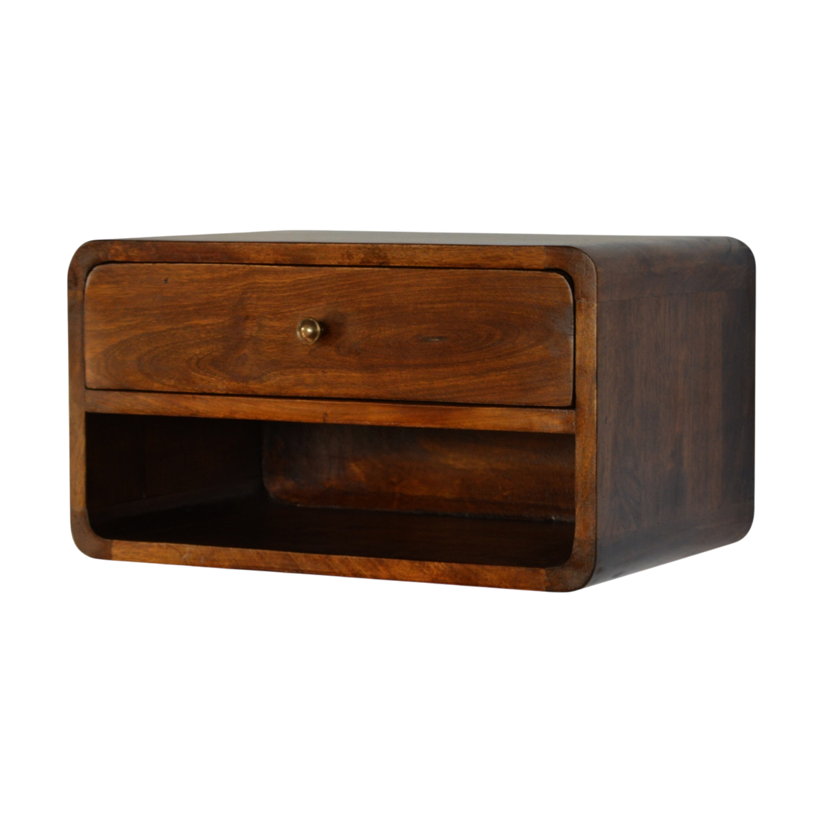 Trosa Floating Bedside Table with Shelf in Chestnut, three-quarter view showing the full profile.
