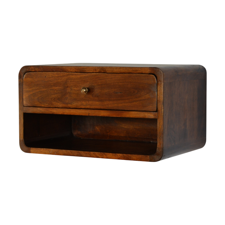 Trosa Floating Bedside Table with Shelf in Chestnut, three-quarter view showing the full profile.