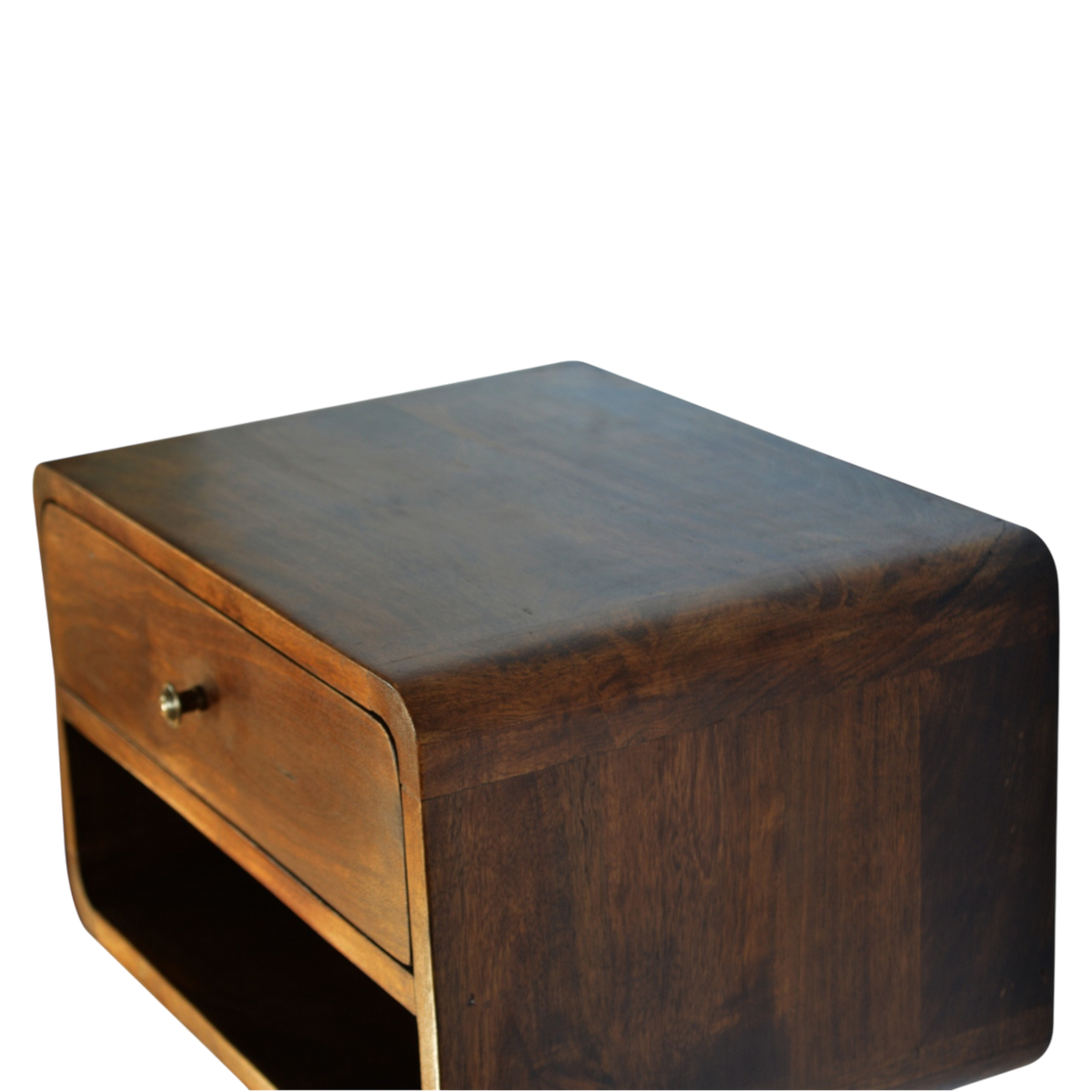 Trosa Floating Bedside Table with Shelf in Chestnut, side view showing the depth.