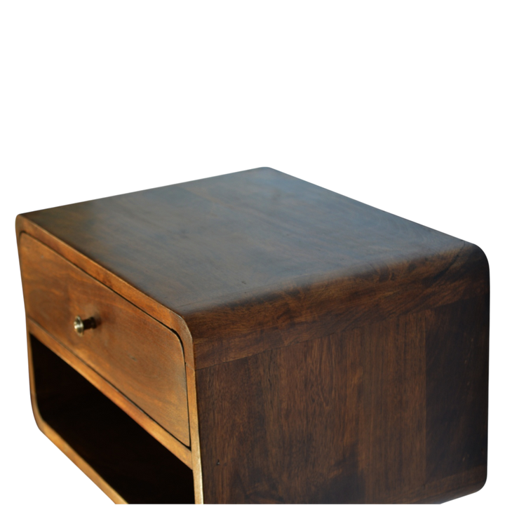 Trosa Floating Bedside Table with Shelf in Chestnut, side view showing the depth.