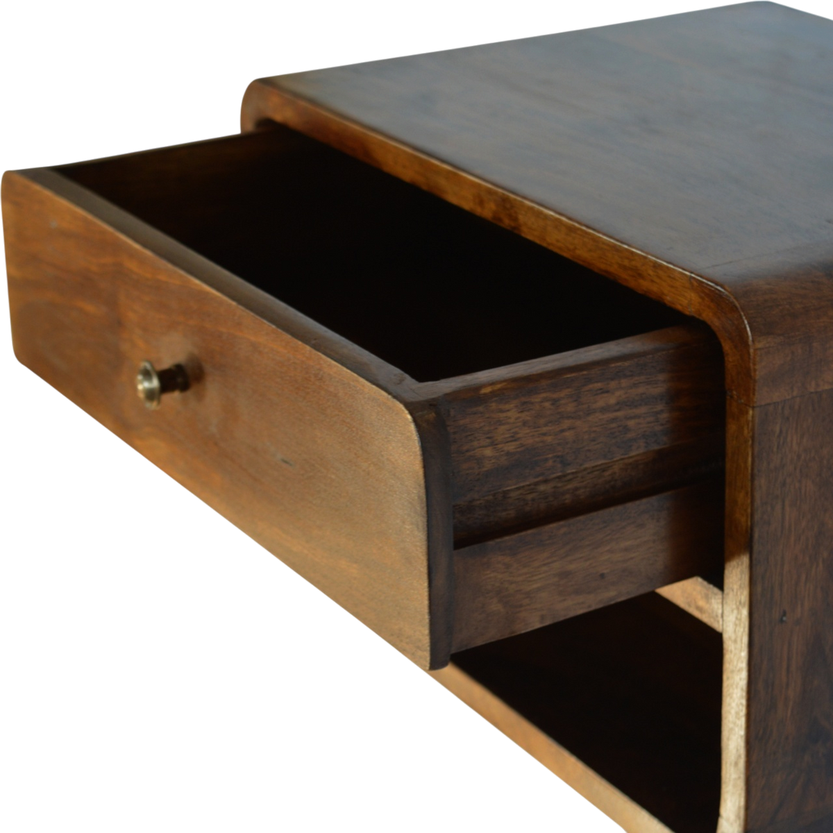 Trosa Floating Bedside Table with Shelf in Chestnut, shown with a drawer open.