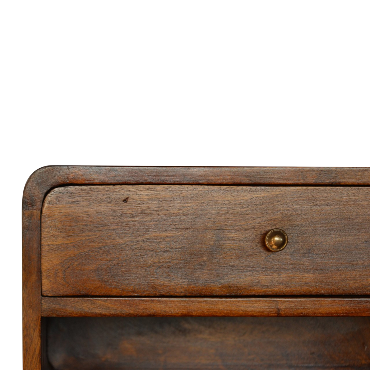 Close view of the brass hardware on the Trosa Floating Bedside Table with Shelf in Chestnut.