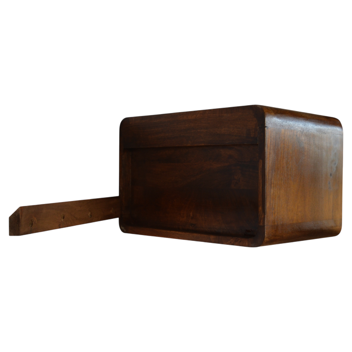 Trosa Floating Bedside Table with Shelf in Chestnut, rear view.