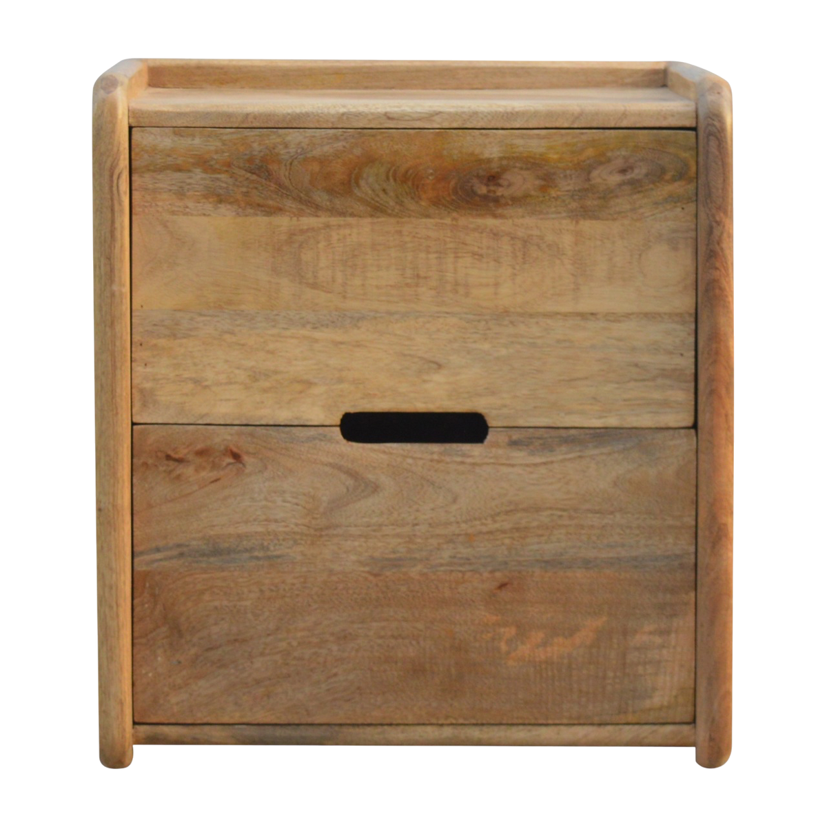 Trosa Gallery-Back Bedside Table in Amber, front view. 100% solid hardwood in a warm amber finish under a clear lacquer, raised gallery back, two drawers.