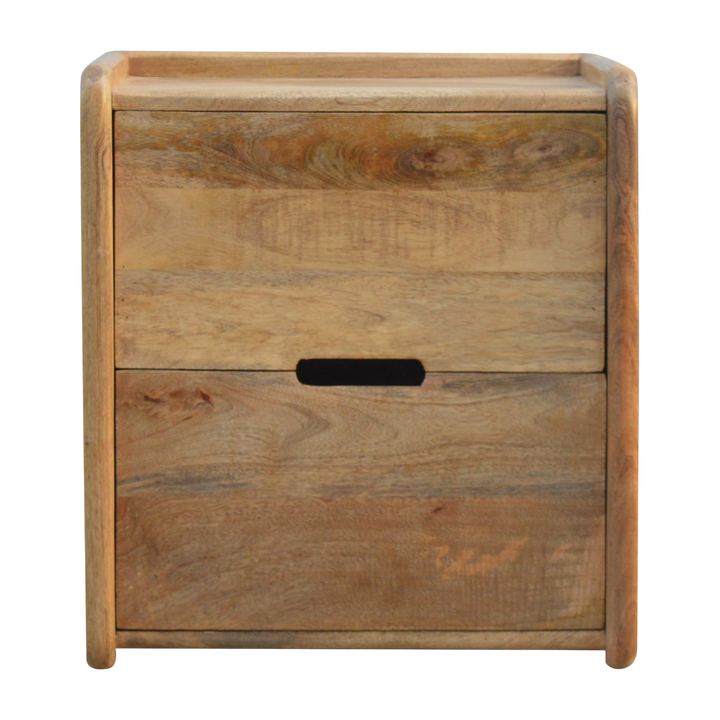 Trosa Gallery-Back Bedside Table in Amber, front view. 100% solid hardwood in a warm amber finish under a clear lacquer, raised gallery back, two drawers.