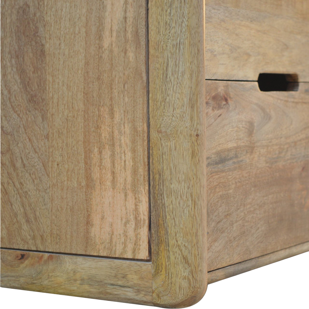 Close view of the brass hardware on the Trosa Gallery-Back Bedside Table in Amber.