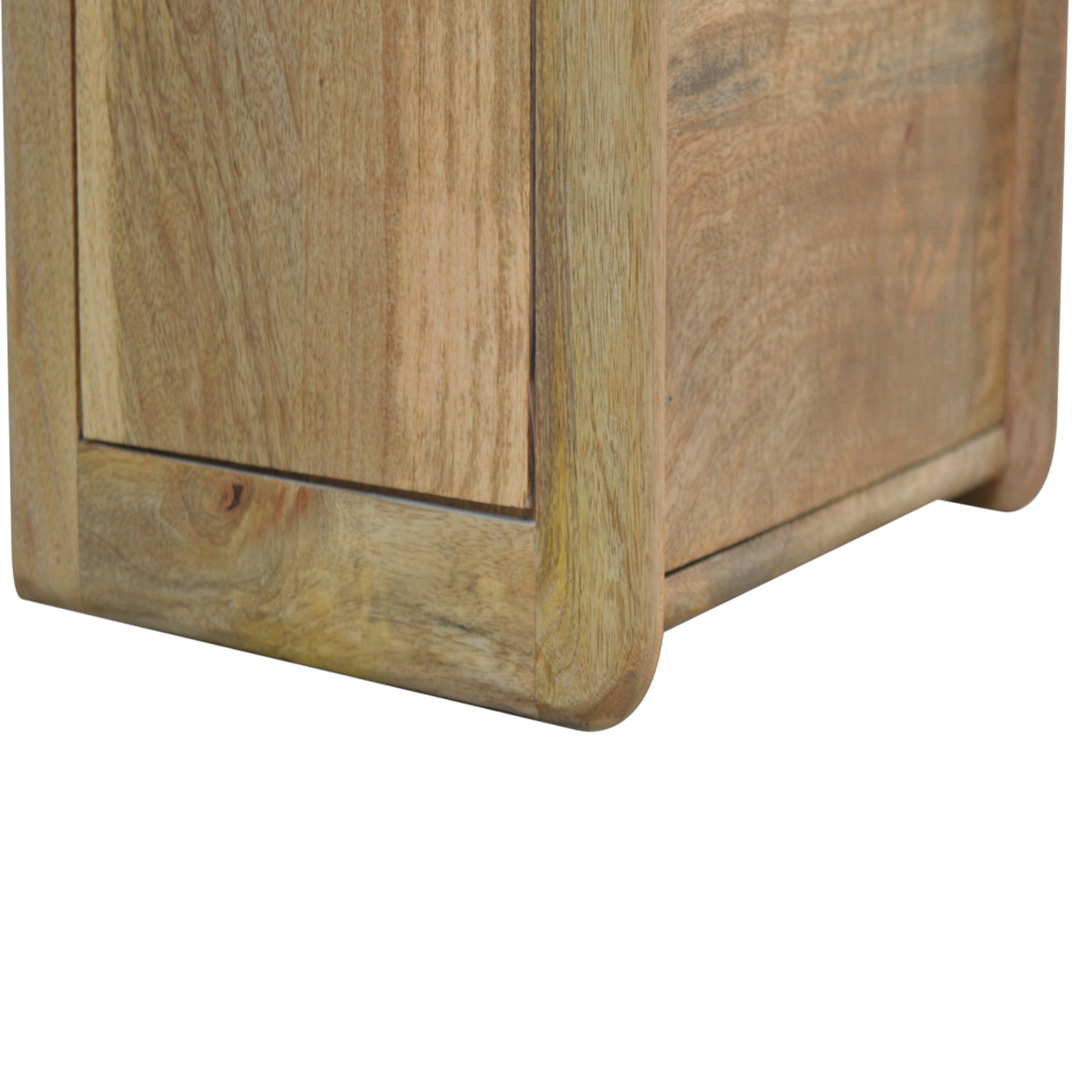 Close view of the base on the Trosa Gallery-Back Bedside Table in Amber.