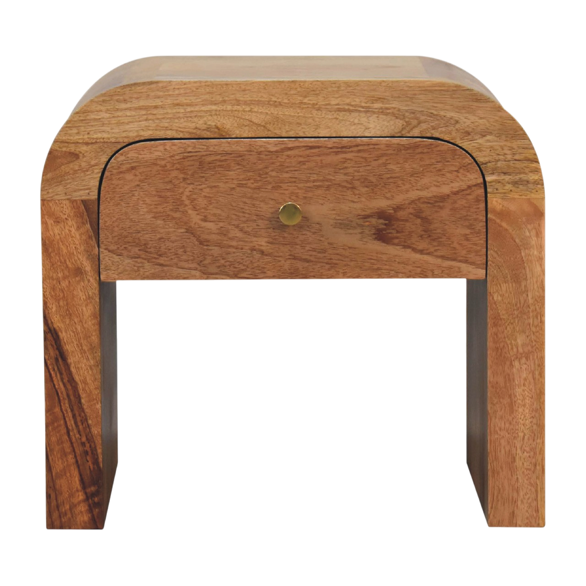 Trosa Mini Bedside Table in Amber, front view. Solid hardwood throughout, amber finish, rounded edges.
