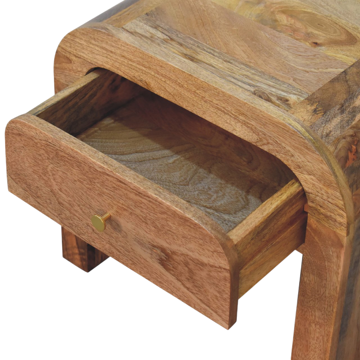Trosa Mini Bedside Table in Amber, shown with a drawer open.