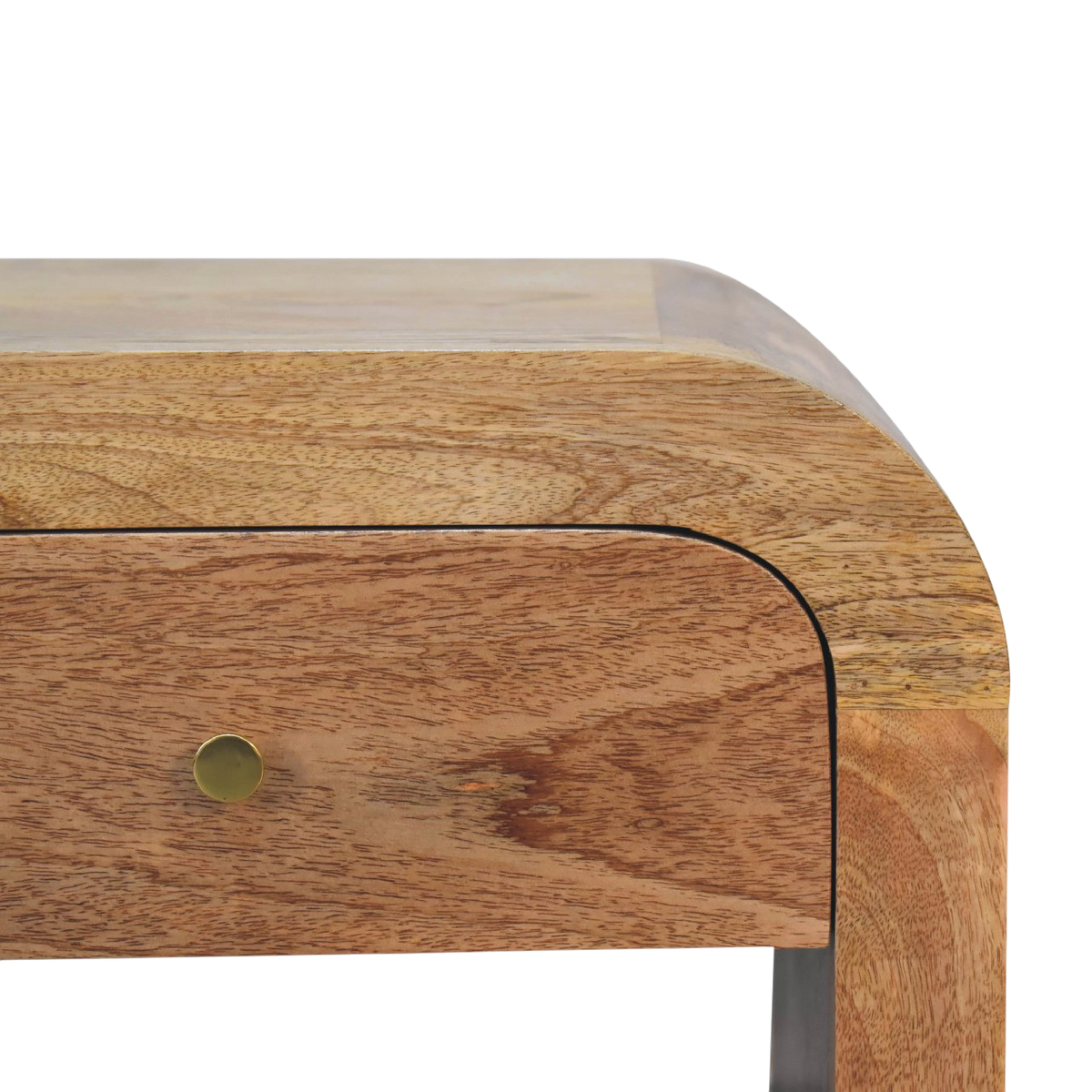 Close view of the brass hardware on the Trosa Mini Bedside Table in Amber.