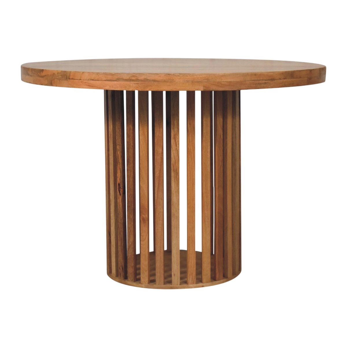 Trosa Round Dining Table in Amber, front view. 100% solid hardwood in a natural amber finish, round top, open cut-through base.