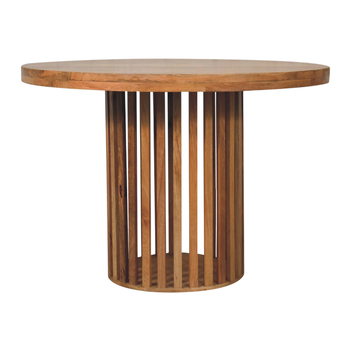 Trosa Round Dining Table in Amber, front view. 100% solid hardwood in a natural amber finish, round top, open cut-through base.