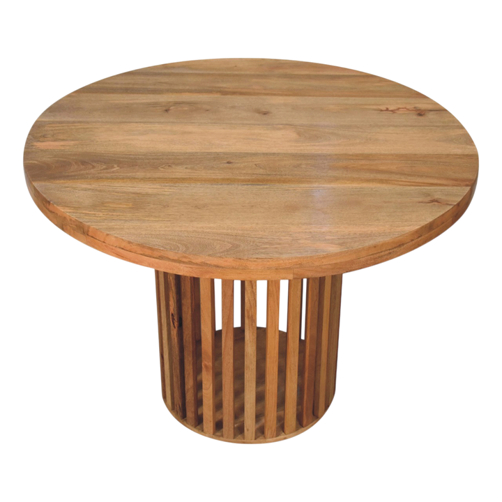 Trosa Round Dining Table in Amber, three-quarter view from the opposite side.