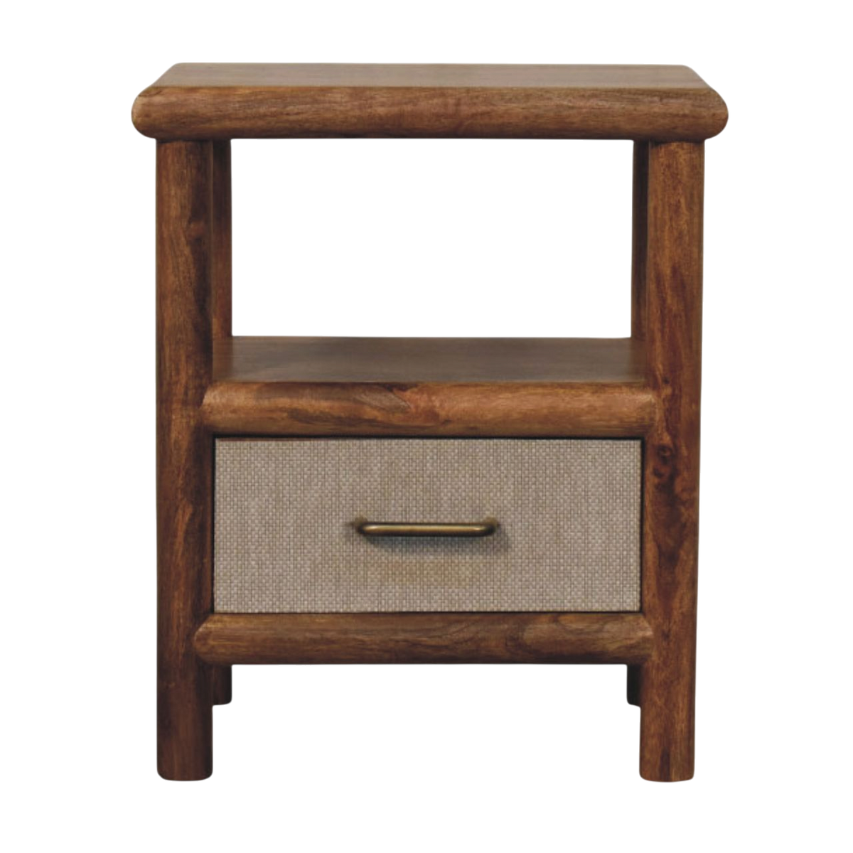 Tulum Bedside Table in Russet with Clay Linen, front view. Solid hardwood in a russet finish, clay linen drawer front, brass handle.