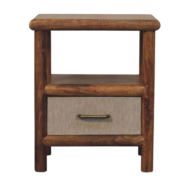 Tulum Bedside Table in Russet with Clay Linen, front view. Solid hardwood in a russet finish, clay linen drawer front, brass handle.
