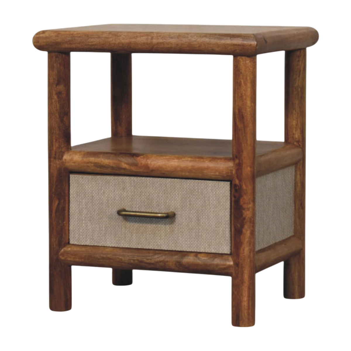 Tulum Bedside Table in Russet with Clay Linen, three-quarter view showing the full profile.