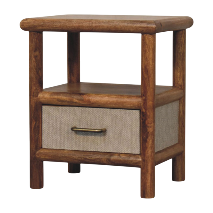 Tulum Bedside Table in Russet with Clay Linen, three-quarter view showing the full profile.