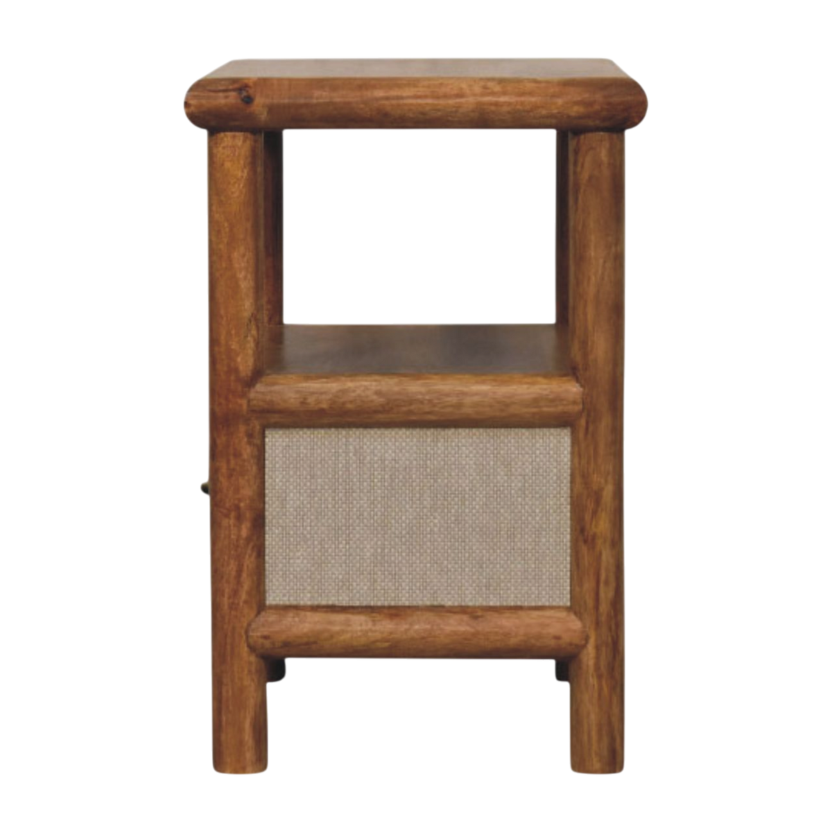 Tulum Bedside Table in Russet with Clay Linen, side view showing the depth.