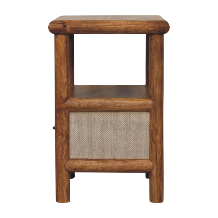 Tulum Bedside Table in Russet with Clay Linen, side view showing the depth.