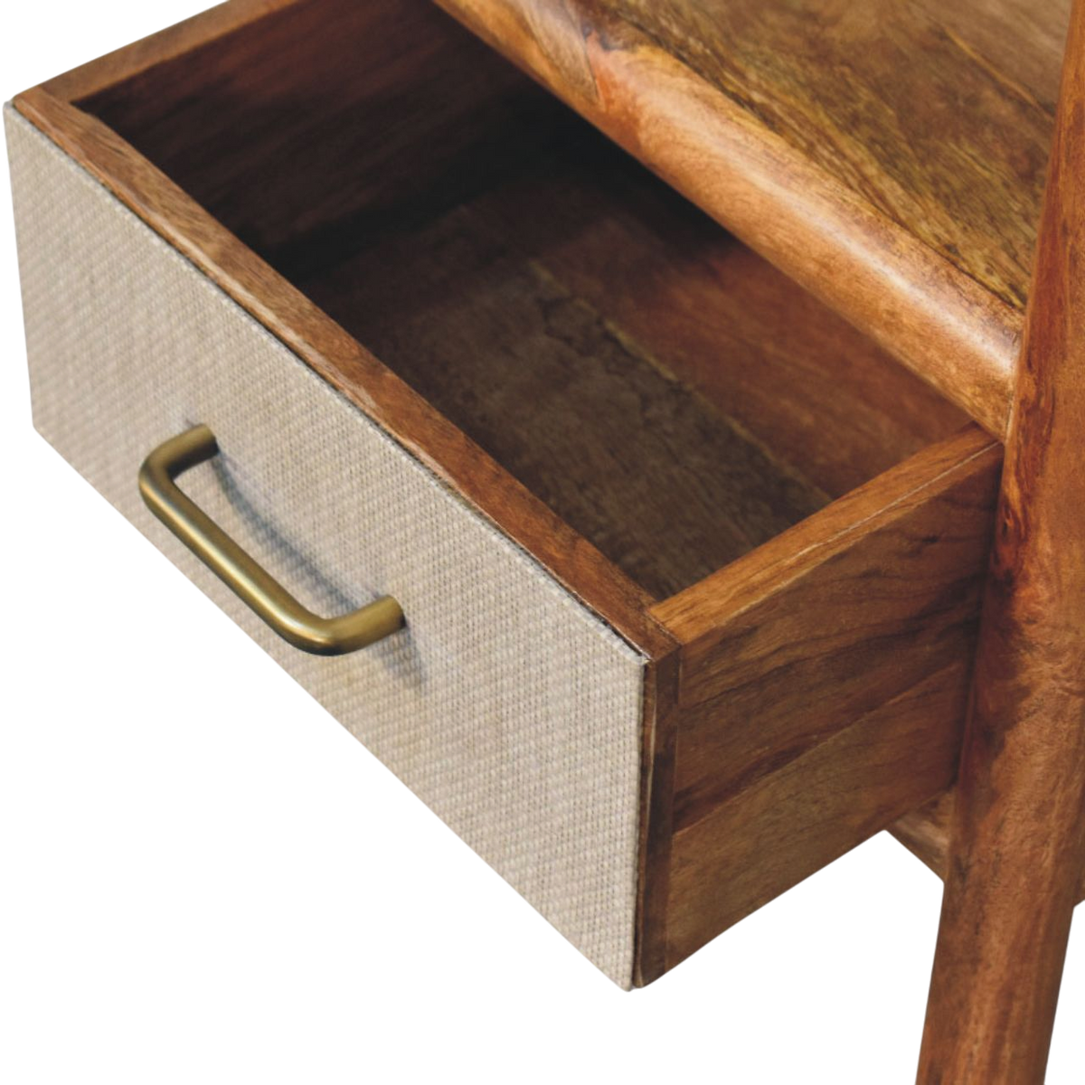 Tulum Bedside Table in Russet with Clay Linen, shown with a drawer open.