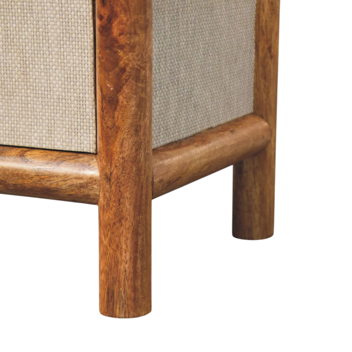 Close view of the weave on the Tulum Bedside Table in Russet with Clay Linen.