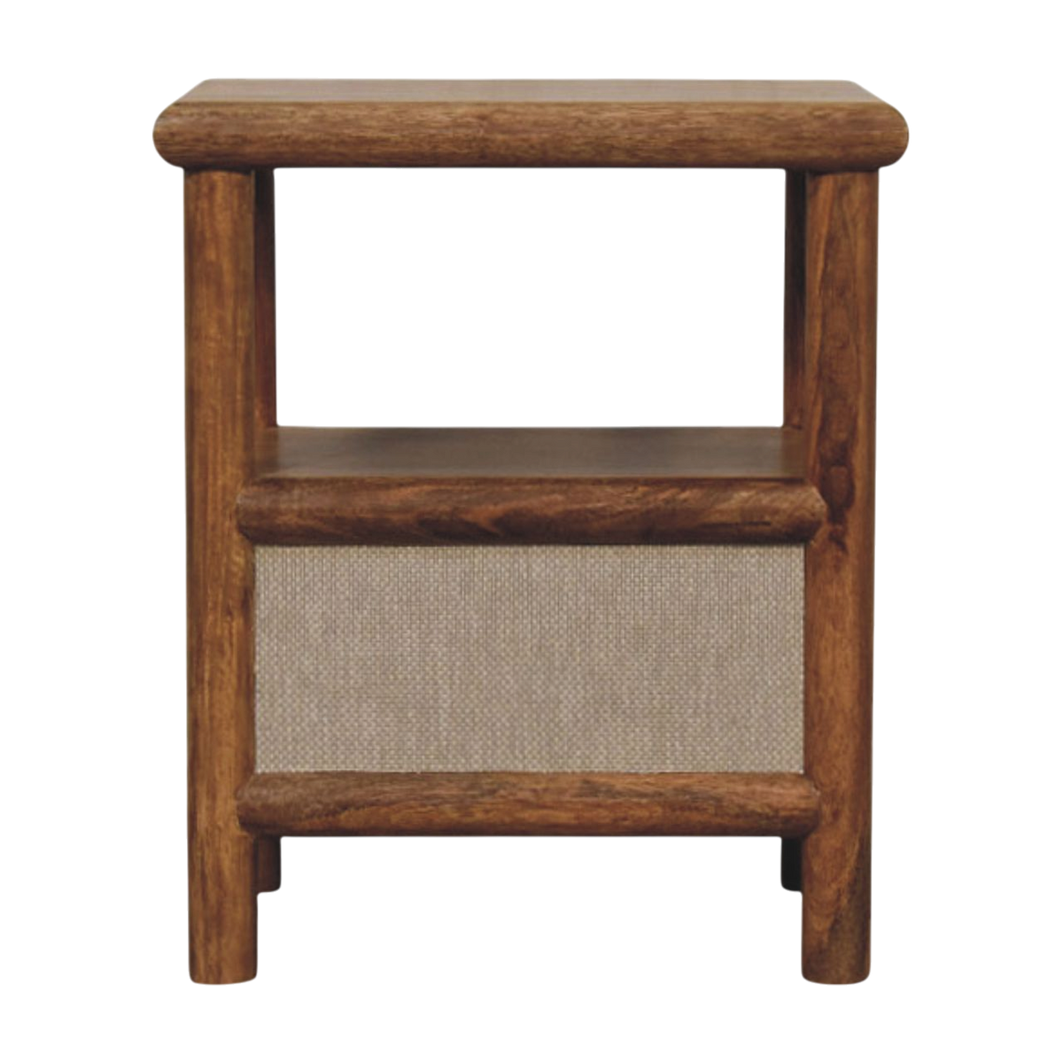 Tulum Bedside Table in Russet with Clay Linen, rear view.