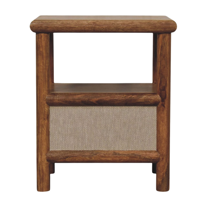 Tulum Bedside Table in Russet with Clay Linen, rear view.