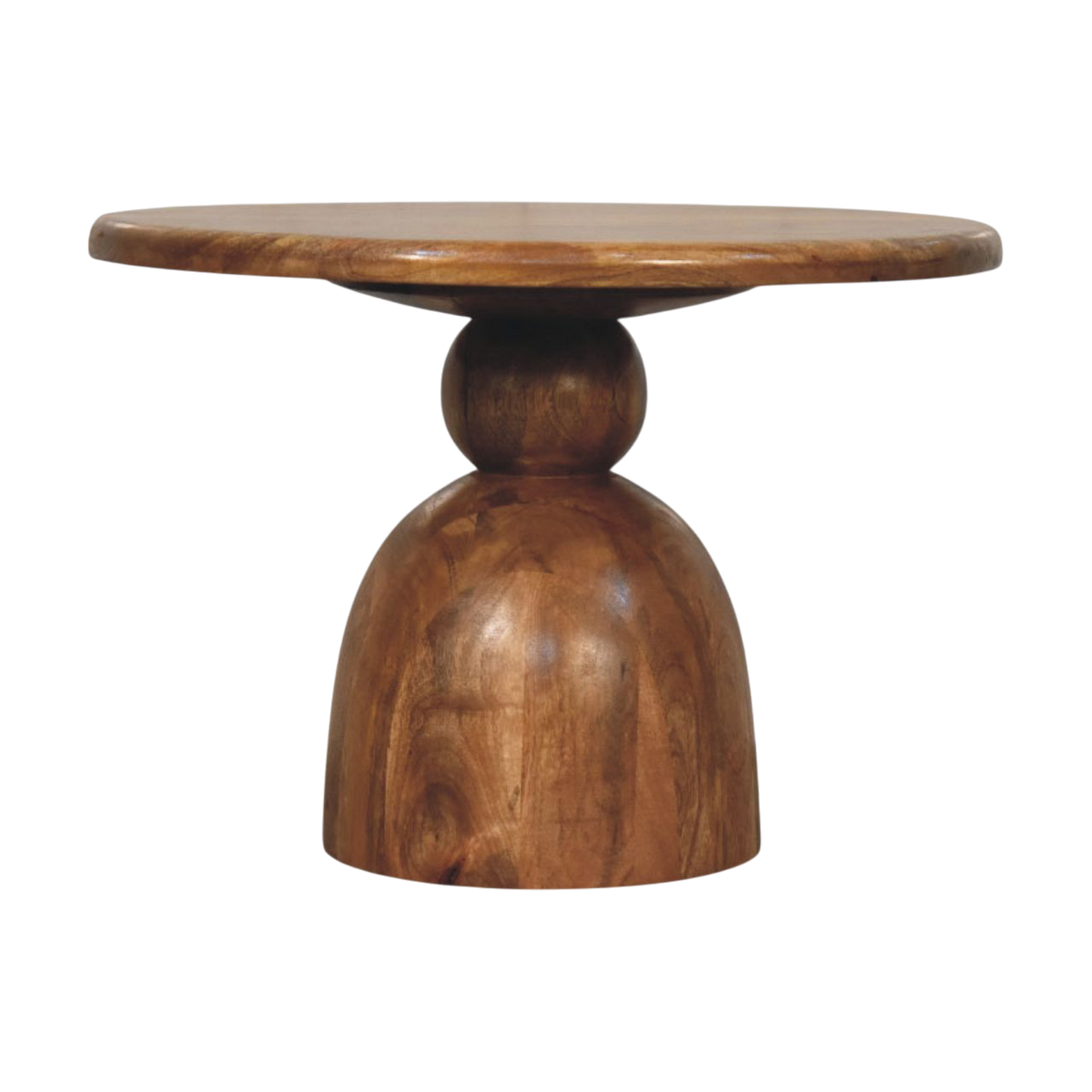 Vallauris Pedestal Coffee Table in Amber, front view. Round hardwood top on a contoured pedestal in a golden amber finish.