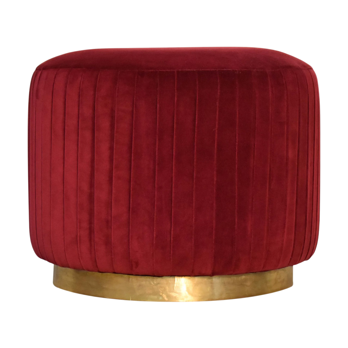 Vallauris Pleated Footstool in Claret Velvet, front view. Claret cotton velvet, pleated top, brass base.