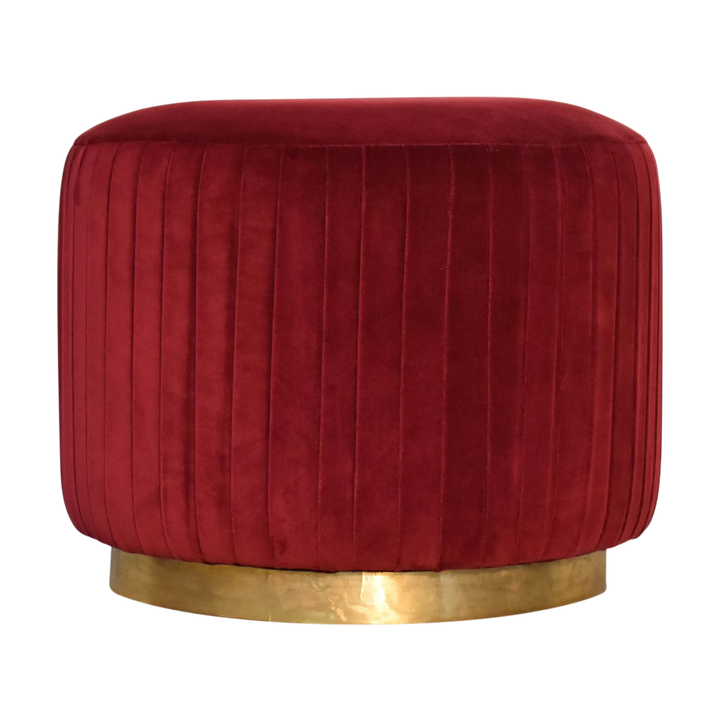 Vallauris Pleated Footstool in Claret Velvet, front view. Claret cotton velvet, pleated top, brass base.