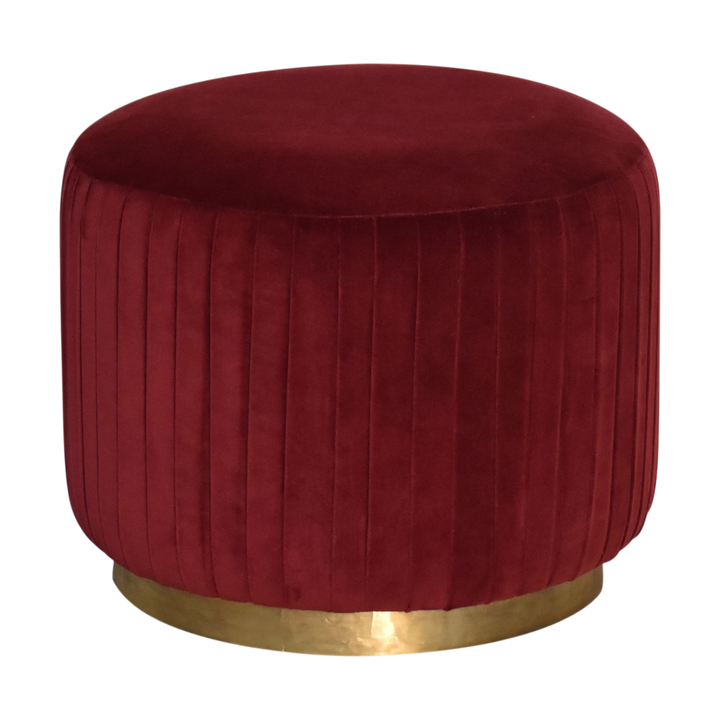Vallauris Pleated Footstool in Claret Velvet, three-quarter view showing the full profile.