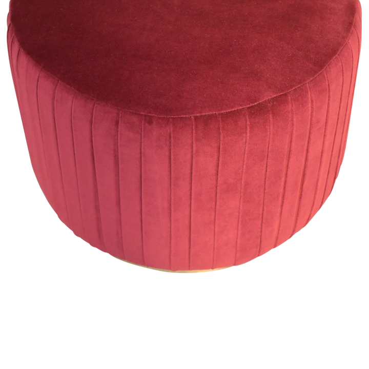 Close view of the seat on the Vallauris Pleated Footstool in Claret Velvet.