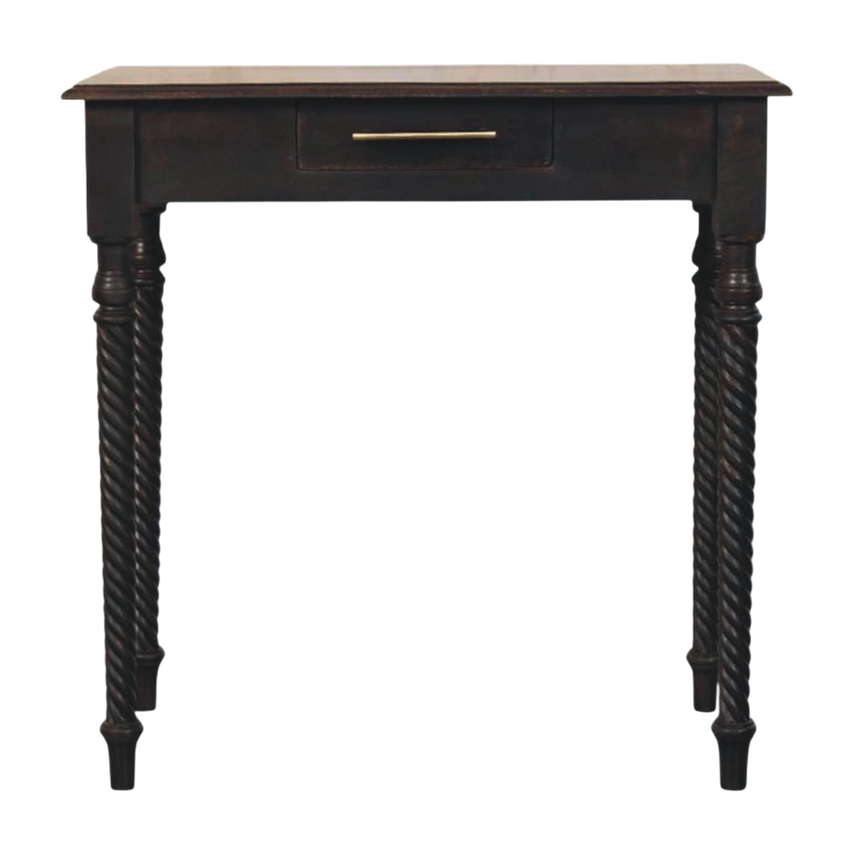 Vallauris Rope-Twist Writing Desk in Espresso, front view. 100% solid hardwood in a deep espresso finish, carved rope-twist legs, one slim drawer, brass pull.