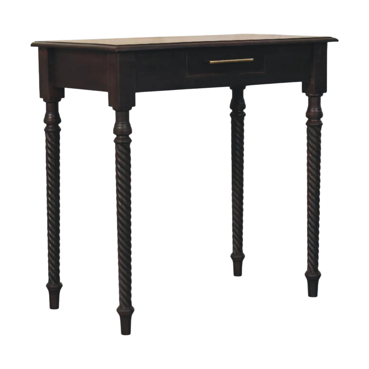 Vallauris Rope-Twist Writing Desk in Espresso, three-quarter view showing the full profile.